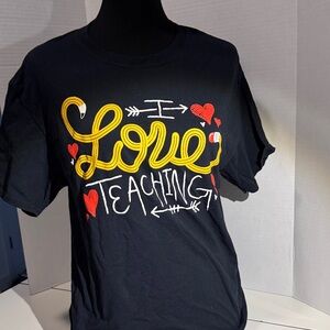 Fruit of the Loom Black 'Love Teaching' Graphic Tee with Yellow & Red Accents